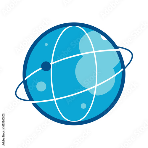 Abstract blue globe with orbital lines and floating spheres in a simple vector illustration