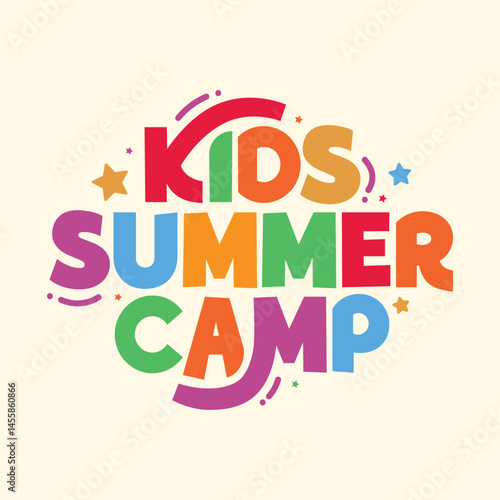 Kids Summer camp colorful typography vector illustration. Summer hand drawn lettering greeting card. Summer camp logotype sticker for poster, template, flyer, t shirt print.
