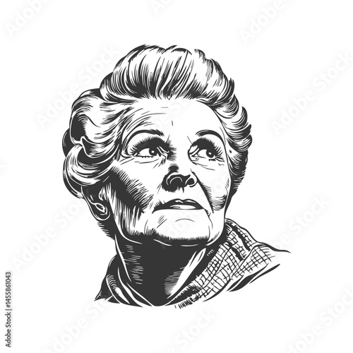 Elderly Woman'S Thoughtful Expression Black And White Silhouette Illustration. Reflects Wisdom And Contemplation. Isolated Vector Illustration