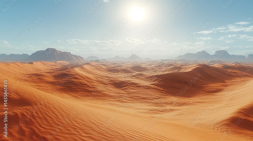 Fototapeta premium A vast desert landscape with rolling sand dunes stretching to the horizon under a scorching midday sun.