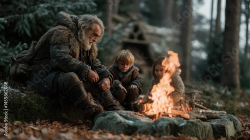 Elderly person and child by campfire