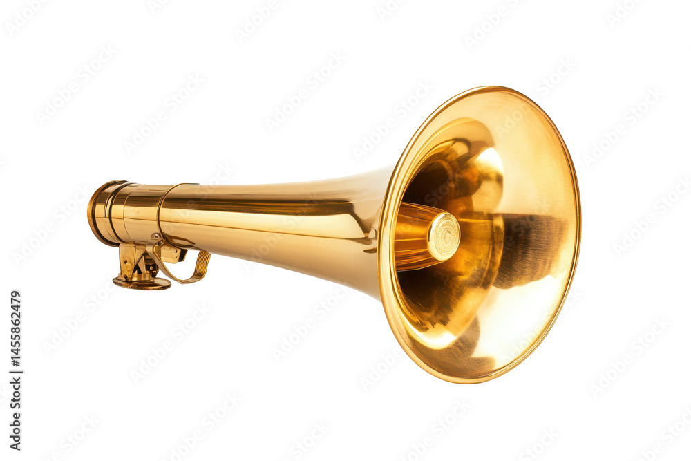 Obraz premium Shiny gold horn megaphone image on white background great for public speaking or event posters
