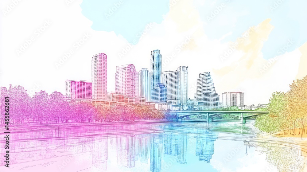 Fototapeta premium Vibrant Austin Skyline Sketch: Colorful Cityscape Reflection
