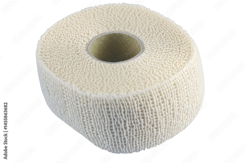 Rolled up, light cream-colored athletic tape. A close-up view of a spool of athletic tape. The texture appears knitted or woven Rolled up, light cream-colored athletic tape. A close-up view of a spool of athletic tape. The texture appears knitted or woven