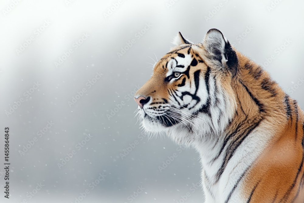 Naklejka premium Majestic tiger observing in snowy landscape