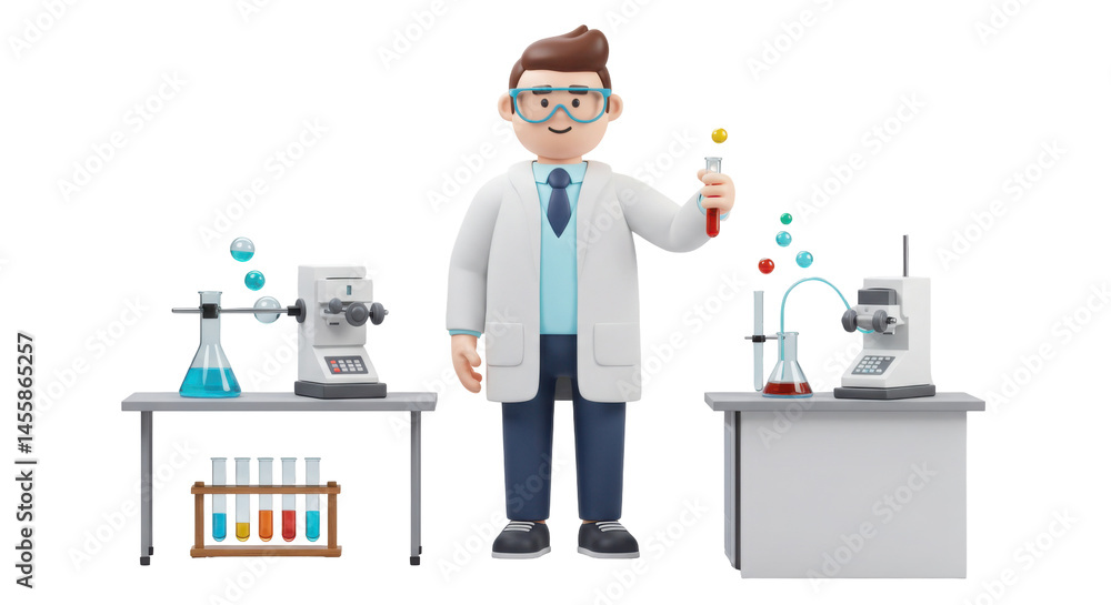 3D Cartoon Scientist Character with Test Tubes and Microscope 3D Cartoon Scientist Character with Test Tubes and Microscope