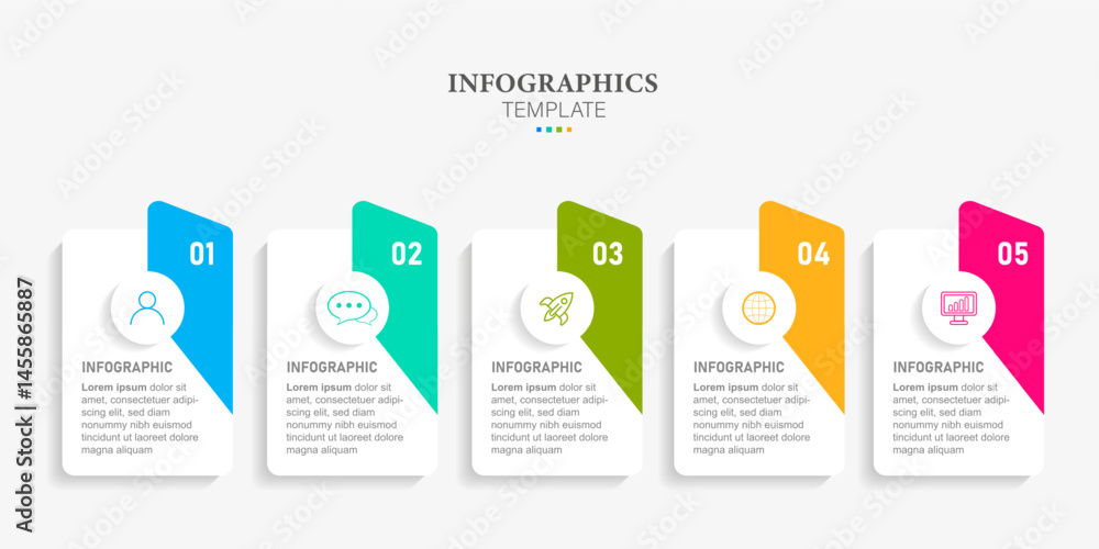 Infographic business model with 5 successive steps. colorful graphic elements. Timeline design for brochure, presentation.