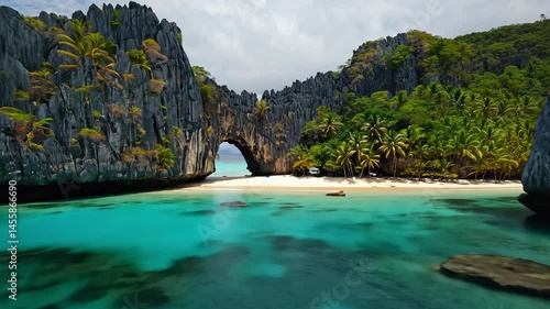 Beautiful blue ocean with a rocky shoreline and a small island in the distance. The water is calm and clear, and the sky is partly cloudy