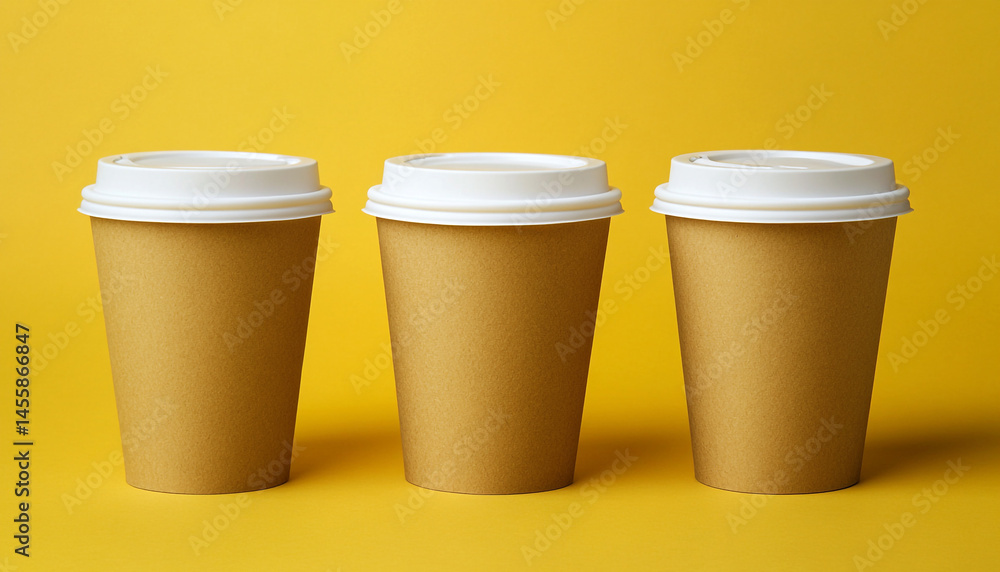 Paper cups with white lids on yellow background Paper cups with white lids on yellow background