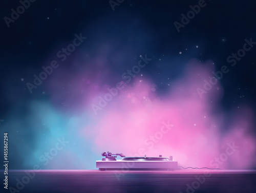 Creative scene featuring record player against vibrant, colorful background of pink and blue hues, evoking sense of nostalgia and musical passion