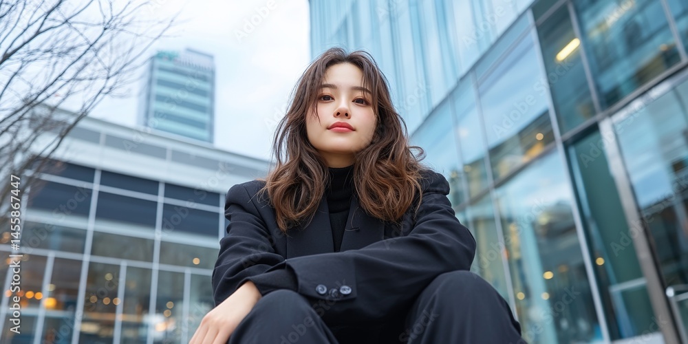 Young asian female in black outfit posing confidently in urban setting with glass buildings Young asian female in black outfit posing confidently in urban setting with glass buildings