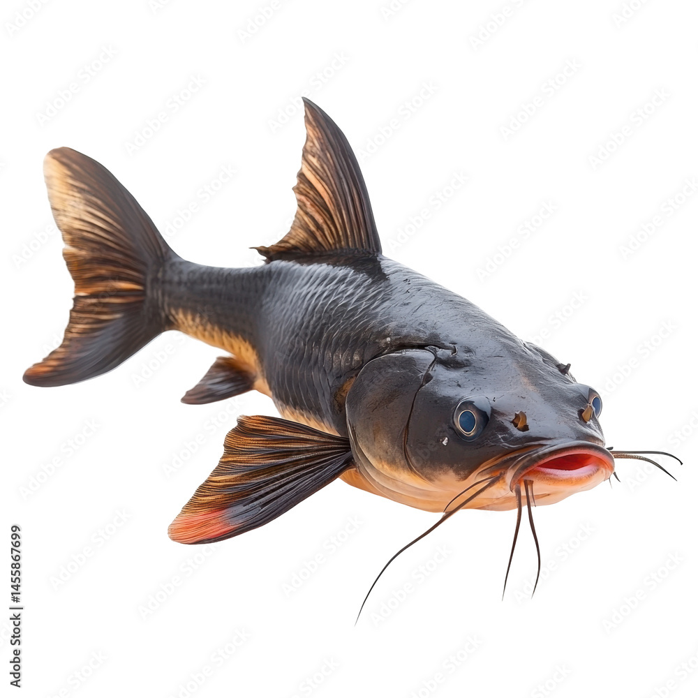 Fototapeta premium Catfish swimming in a clear pond on a sunny day near a lush green bank with vibrant plants