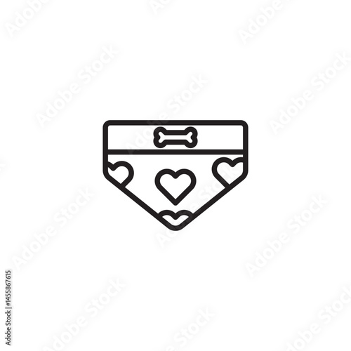 A simple line art icon of a pet bandana with hearts and a bone.