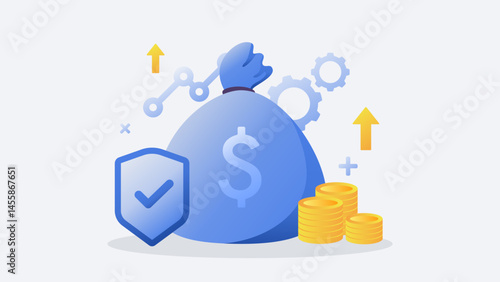 Concept of devensive investment safe and profitable business. Illustration of a bag of money with a shield. Vector gradient illustration
