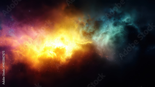 Vibrant celestial nebula with radiant rainbow tones, showcasing deep space colors and mesmerizing cosmic atmosphere. scene evokes sense of wonder and exploration