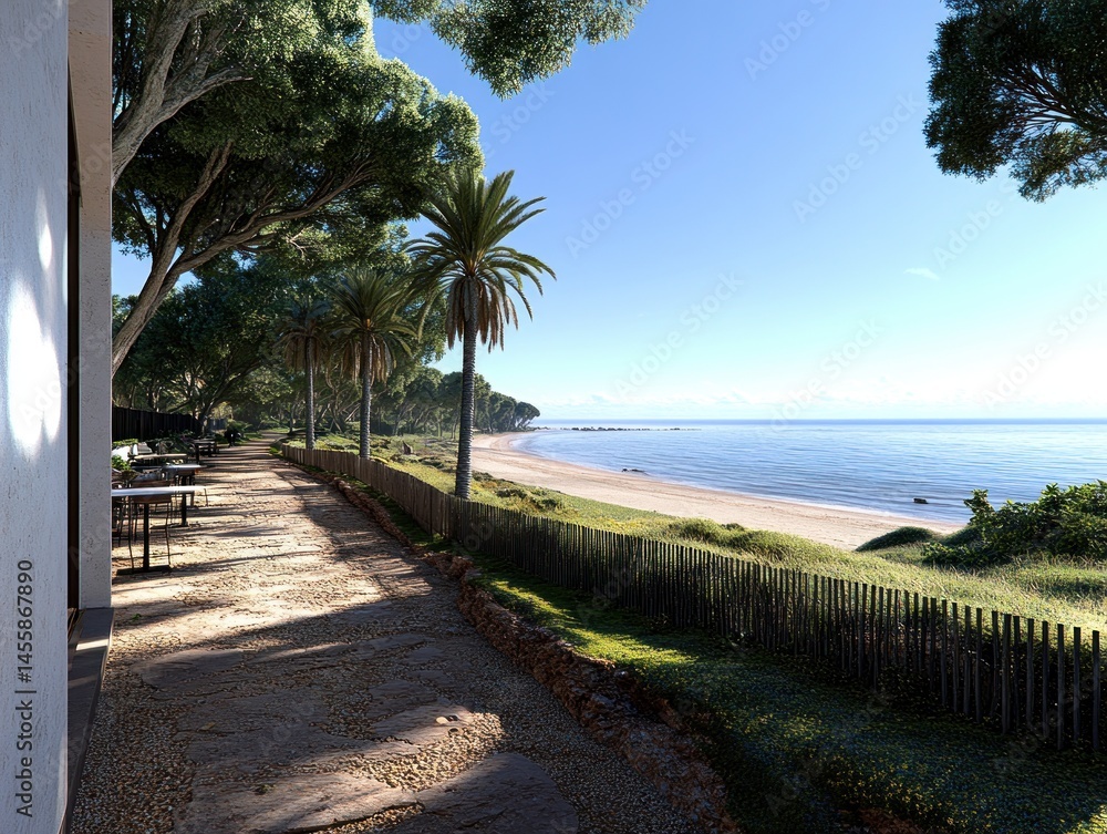 Coastal walkway with lush vegetation and ocean view. A serene, sun-drenched path leads to a beach Coastal walkway with lush vegetation and ocean view. A serene, sun-drenched path leads to a beach