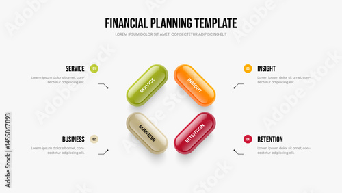 Service Forecast Four Element Diagram Frame Layout. Market Visualization 4 Step Infographic Presentation Design. Modern Plan Slideshow Template Vector Illustration.