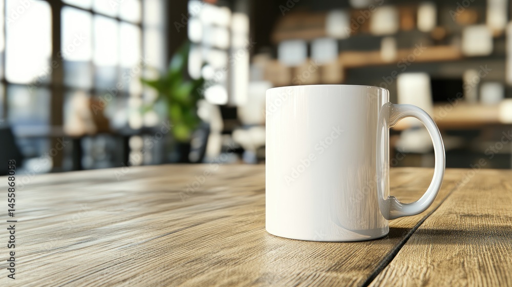 Empty white mug on a wooden table in a modern cafe. Empty white mug on a wooden table in a modern cafe.