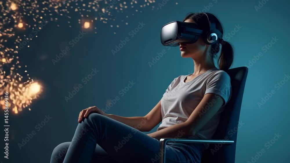 Hyperrealistic render of a woman in a chair with black VR headset and headphones, immersed in digital particles Hyperrealistic render of a woman in a chair with black VR headset and headphones, immersed in digital particles