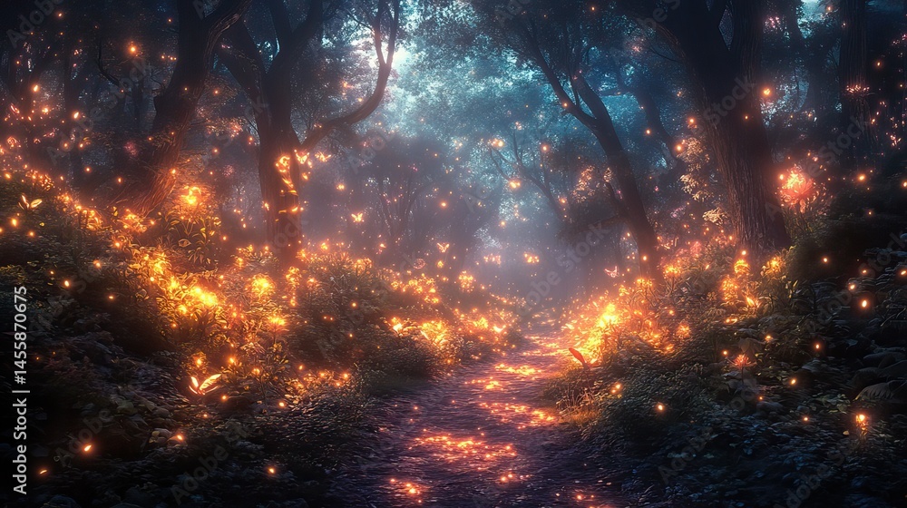 A whimsical forest inhabited by fantastical creatures and glowing plants, a magical and enchanting realm. A whimsical forest inhabited by fantastical creatures and glowing plants, a magical and enchanting realm.