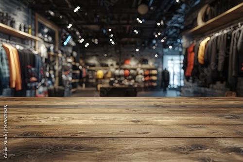 Wooden table in front of a clothing store. Blurry view of apparel, accessories, and interior