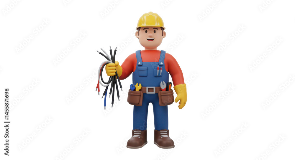 3D Cartoon Male Electrician with Cables and Tool Belt 3D Cartoon Male Electrician with Cables and Tool Belt