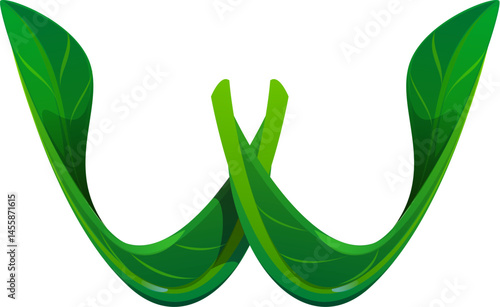 Fresh green leaf font letter W. Plant English alphabet typeface symbol, nature green leaf cartoon isolated vector kids ABC font letter. Tree foliage latin type sign or typeset element