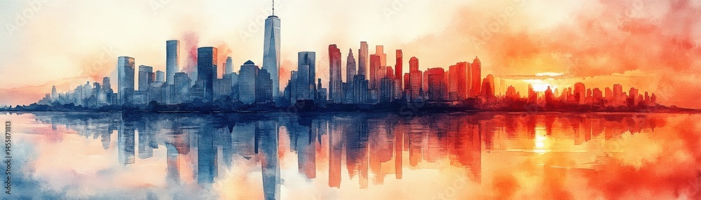 Fototapeta premium A vibrant watercolor painting of a city skyline at sunrise, with buildings reflected on calm water.