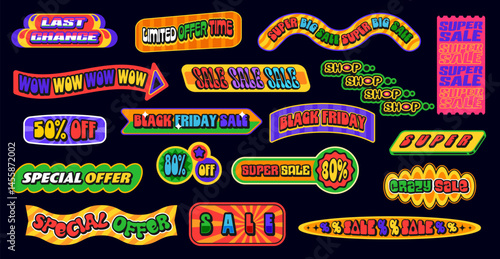 Y2k groovy shopping stickers, retail and sale funky patch labels of discount offers. Trendy retro 90s vector badges, y2k geometric shape tags, groovy ribbon banners and arrow stickers sale offer promo