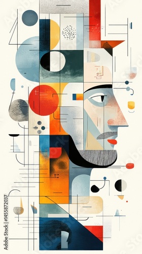 Abstract portrait of a person, filled with geometric shapes and colors, layered and overlapping.  A profile view of a face is subtly visible through the various abstract elements