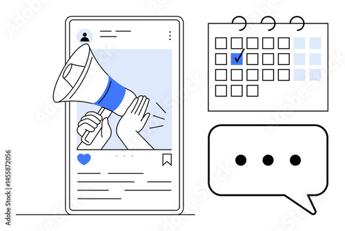 Smartphone screen with a social media post featuring a megaphone, calendar with highlighted date, and message bubble. Ideal for marketing, social media planning, communication, scheduling