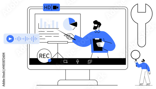Presenter discussing pie chart and bar graph on screen. Includes recording and collaboration tools. Ideal for education, training, remote work, analytics, tech setup, tutorials, simple landing page