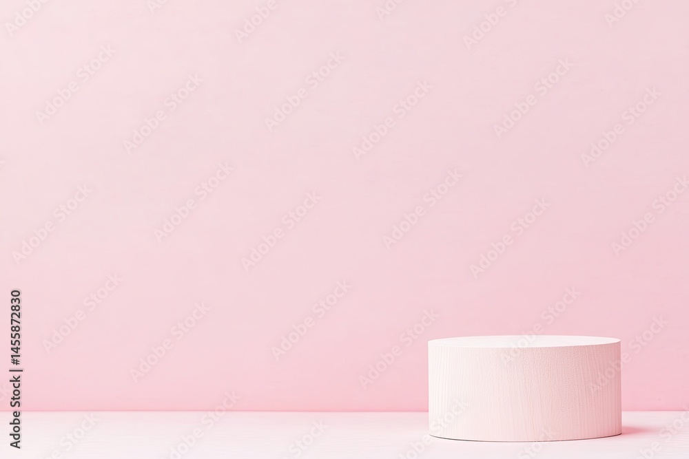 Simple, pastel pink backdrop with a single, solid white cylinder podium Simple, pastel pink backdrop with a single, solid white cylinder podium