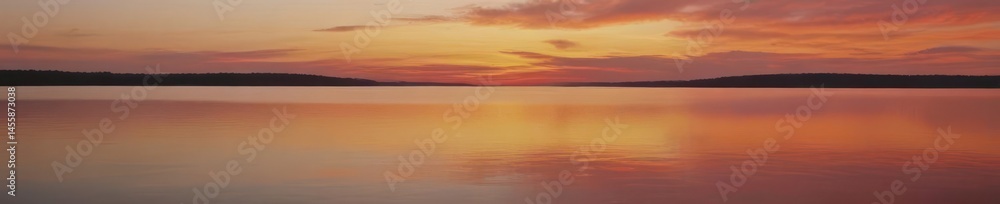 Naklejka premium Crimson and gold hues paint tranquil Michigan lake at sunset, clouds, colors, calm