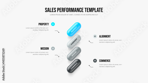 Project Plan Slideshow Layout Vector Illustration. Sales Report Four Element Infographic Presentation Design. Market Performance 4 Step Diagram Frame Template.