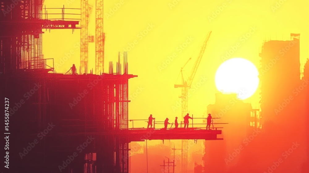 Obraz premium Construction workers silhouette at sunset