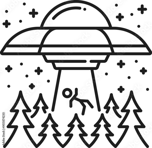 Space alien UFO and astronomy thin line icon. Galaxy outerspace flight outline vector icon, cosmos exploration linear symbol. Space travel lineart pictogram with aliens spaceship kidnapping human
