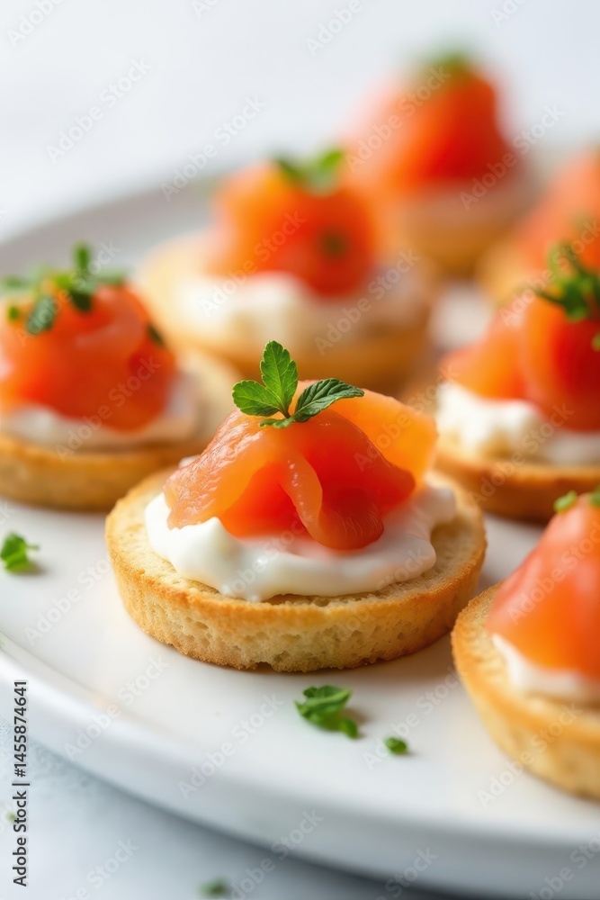 Miniature red salmon & cream cheese canap?s on white , cream cheese, orange Miniature red salmon & cream cheese canap?s on white , cream cheese, orange