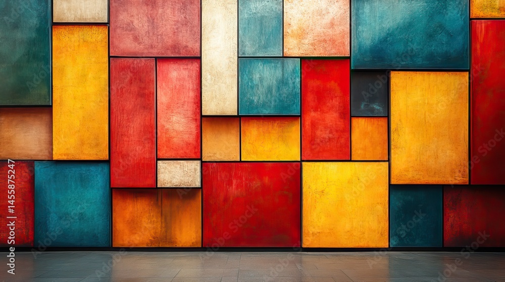 Fototapeta premium Abstract geometric shapes are arranged in a grid-like composition, creating a sense of order and structure.