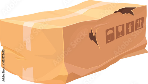 Damaged and broken delivery cardboard box cartoon. Ripped dirty shipping package, damaged crushed isolated vector cargo box. Destroyed crumpled paper container cartoon or broken wet delivery parcel