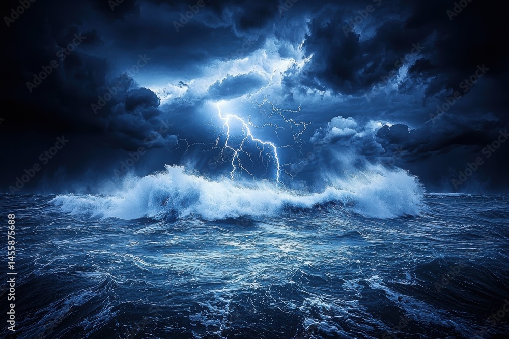 Lightning strikes over a turbulent, stormy ocean under dark, dramatic clouds. Lightning strikes over a turbulent, stormy ocean under dark, dramatic clouds.
