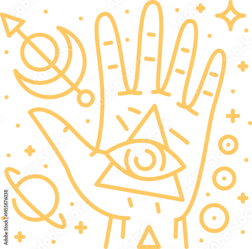 Celestial elegant esoteric human hand and eye symbol or tattoo. Golden Boho vector symbol, eye of providence esoteric magic print. Isolated linear mystic Y2K tattoo or celestial palm sign