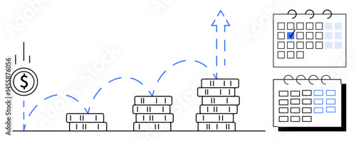 Coin bouncing upward over growing stack of coins alongside marked calendars. Ideal for investment, growth strategy, savings, finance planning, profitability, long-term goals, progress visualization
