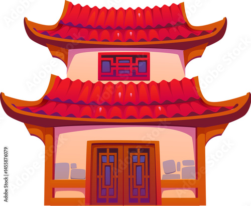 Asian building, cartoon Chinese house or Chinatown tower vector architecture. Asian ancient temple or pagoda shrine with oriental roof, Chinese, Korean or Japanese architecture, tower house building