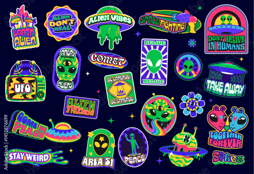 Outer space y2k galaxy groovy stickers, alien UFO funky patch labels. Retro hippie flying saucer and space galaxy planets vector stickers set with funky y2k martian emojis, trippy mushroom and blaster