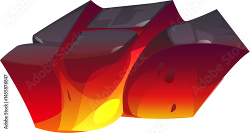 Burn ember charcoal or hot coal piece with fire flame, cartoon vector icon. Burning ember or wood charcoal with red yellow flame from fireplace or oven hot coal and volcano incandescent lava stone