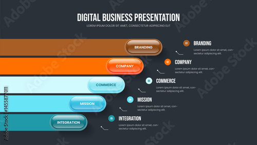 Digital Overview 5 Step Infographic Slide Layout. Financial Performance Frame Template Vector Illustration. Business Plan Five Element Diagram Slideshow Design.
