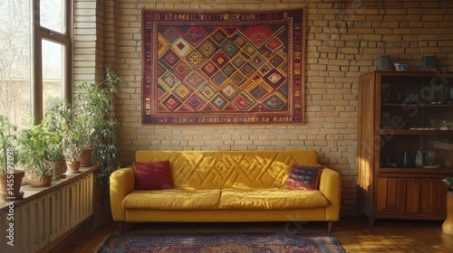 Sunlight illuminates yellow sofa in room with brick wall plants and patterned tapestry