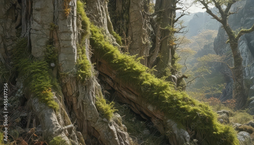Obraz premium Ancient grey weathered tree trunks, moss, lichen, vines, rugged cliffs , moss, growth