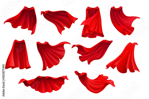 Red hero coat or superhero cape cloak and magic carnival mantle. Cartoon vector superhero red mantle cape or cloak coat flying or flowing in wind for costume of magic mantle with red cape